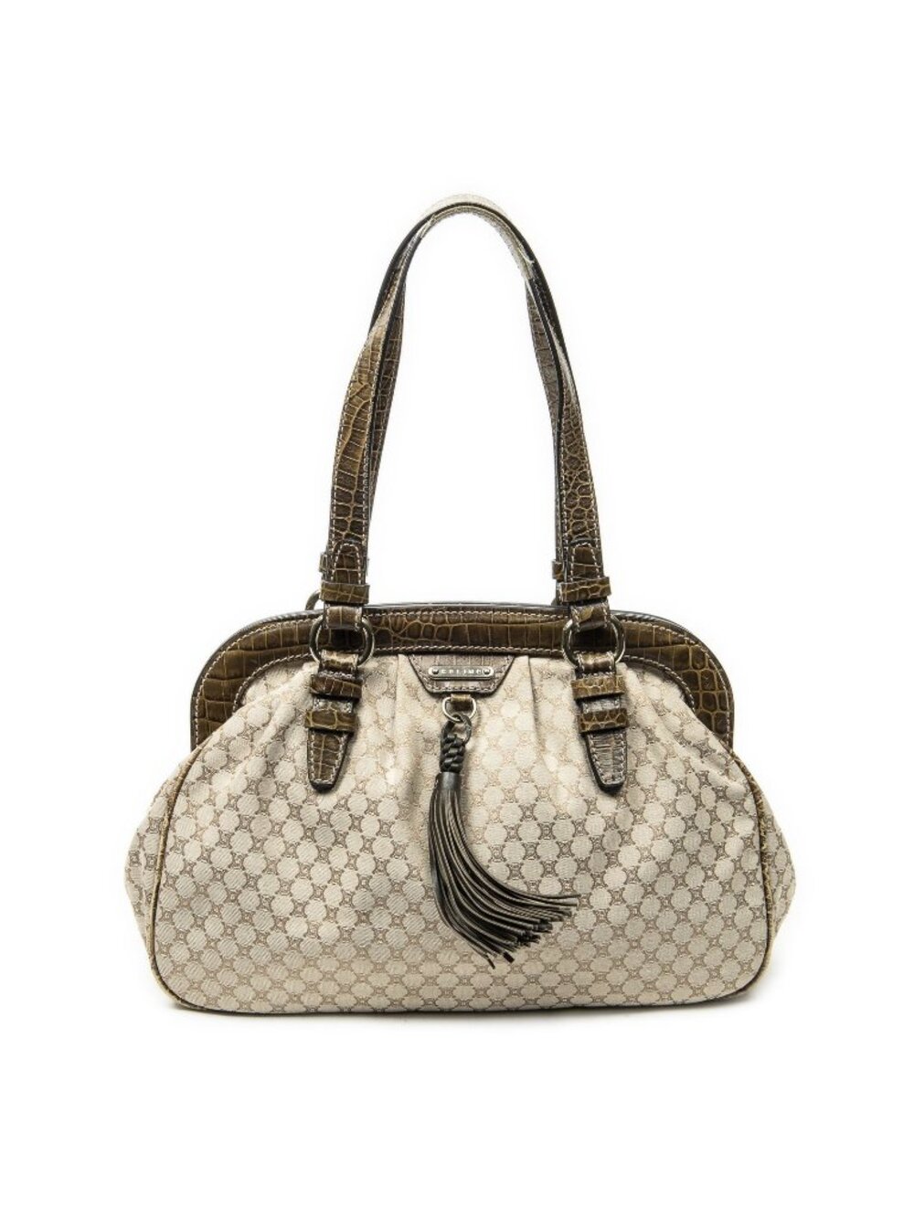 Celine Tassel Frame Satchel Tote Beige Brown Macadam Canvas